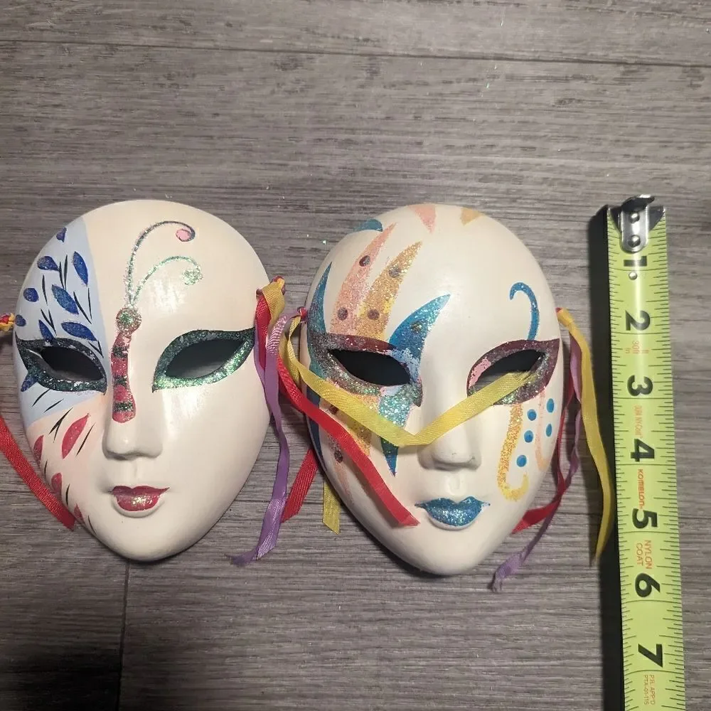 lot #104 Handmade set of 2 Ceramic Butterfly Mardi Gras Masks Glitter Decor